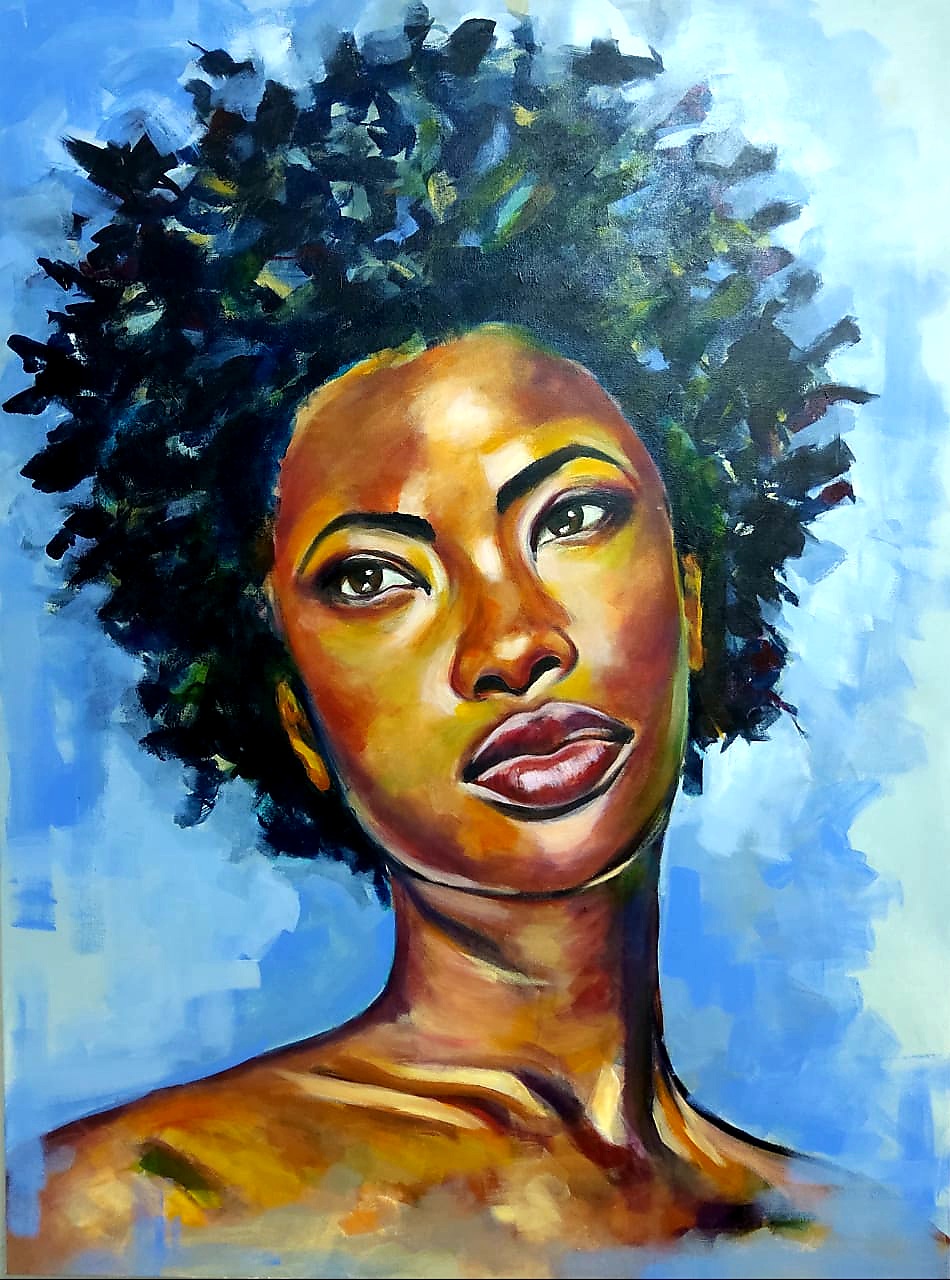 Crowned in Blue Light - Original African Portrait by South African artist Juanita Hackart