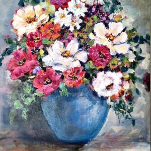 Symphony in Blue - Original Floral Still Life Painting by South African artist Juanita Hackart