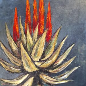 Textured acrylic painting of a South African aloe plant with bright orange and red flowers against a dark grey background by Juanita Hackart