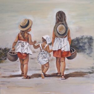 Original coastal painting of three girls walking on the beach by South African artist Juanita Hackart