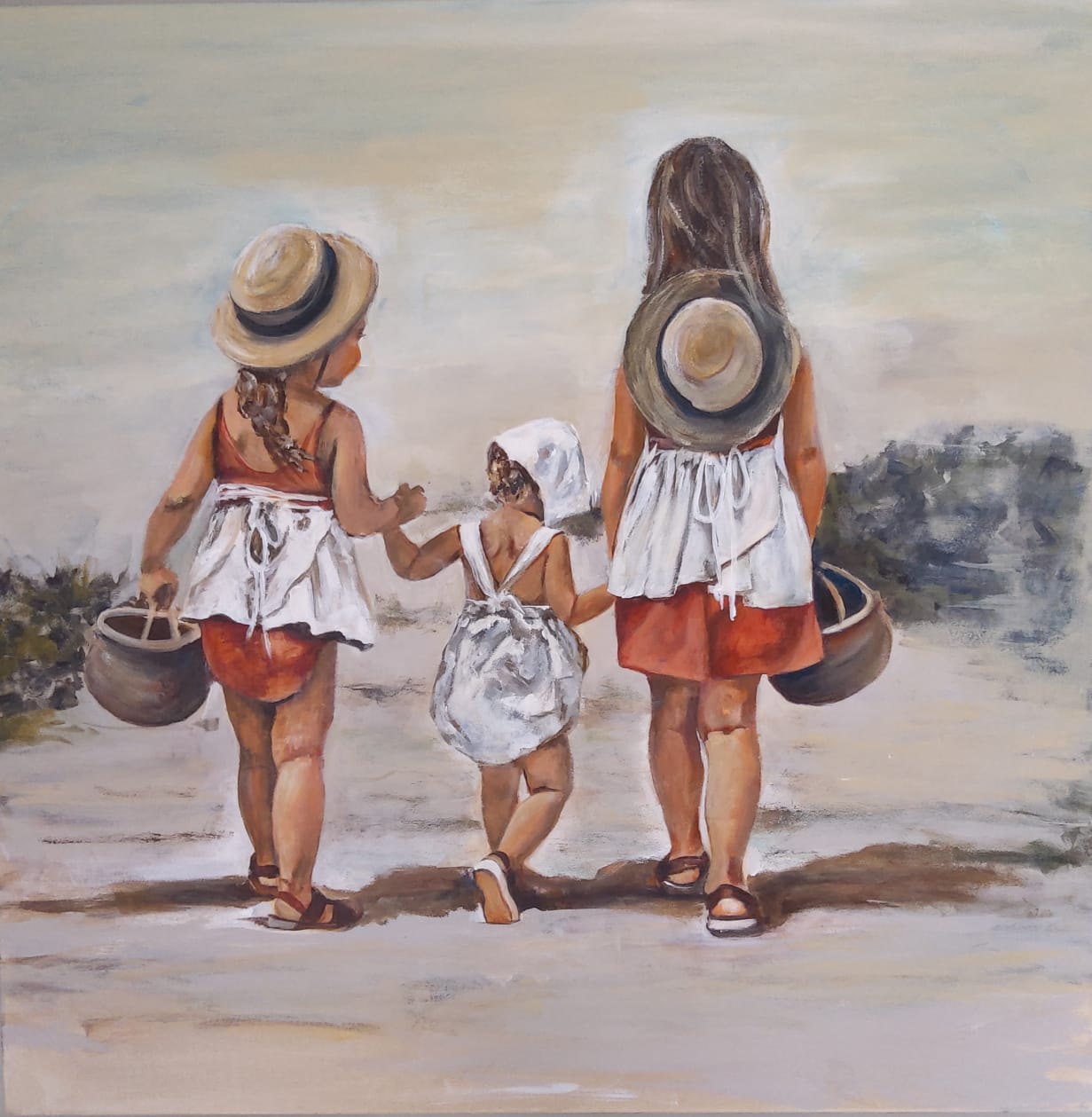 Original coastal painting of three girls walking on the beach by South African artist Juanita Hackart