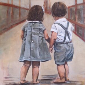 Original figurative painting of two children holding hands by South African artist Juanita Hackart