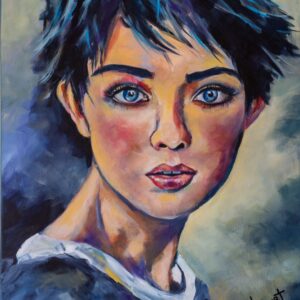 Original acrylic portrait of a blue-eyed woman by South African artist Juanita Hackart