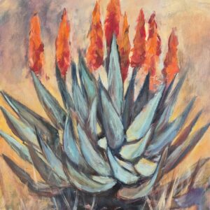 Original aloe painting with fiery orange blooms by South African artist Juanita Hackart