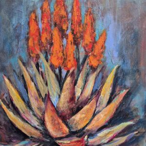 Original aloe painting with fiery orange blooms by South African artist Juanita Hackart