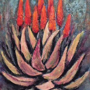 Original aloe painting with crimson Aloe ferox blooms by South African artist Juanita Hackart