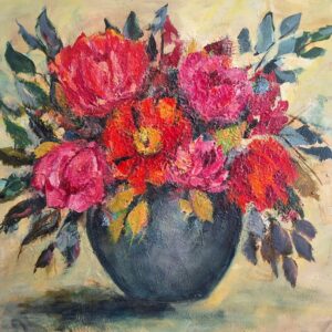 Original floral still life painting with vibrant pink and red flowers in a dark vase by Juanita Hackart