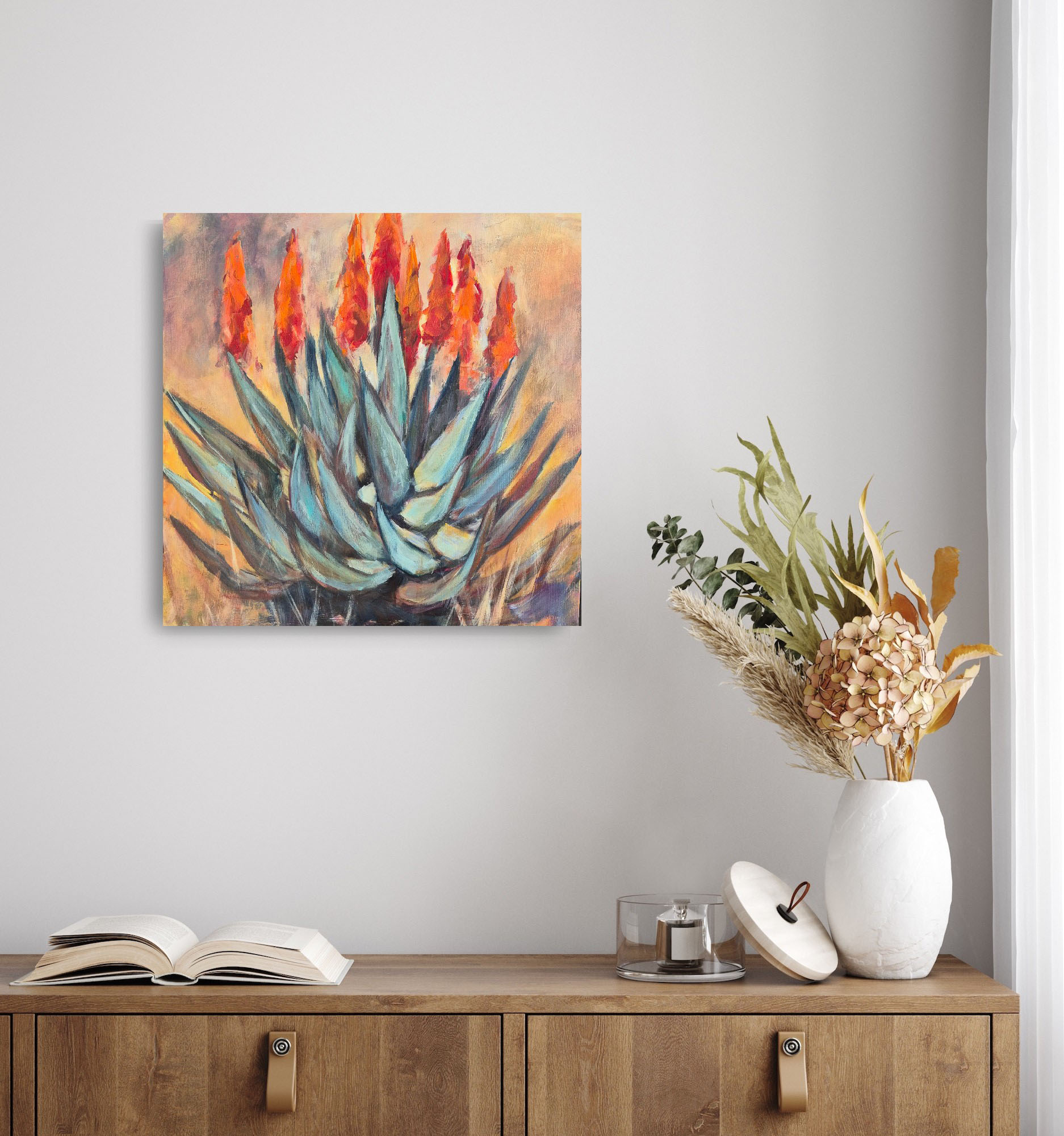 Original aloe painting with fiery orange blooms by South African artist Juanita Hackart
