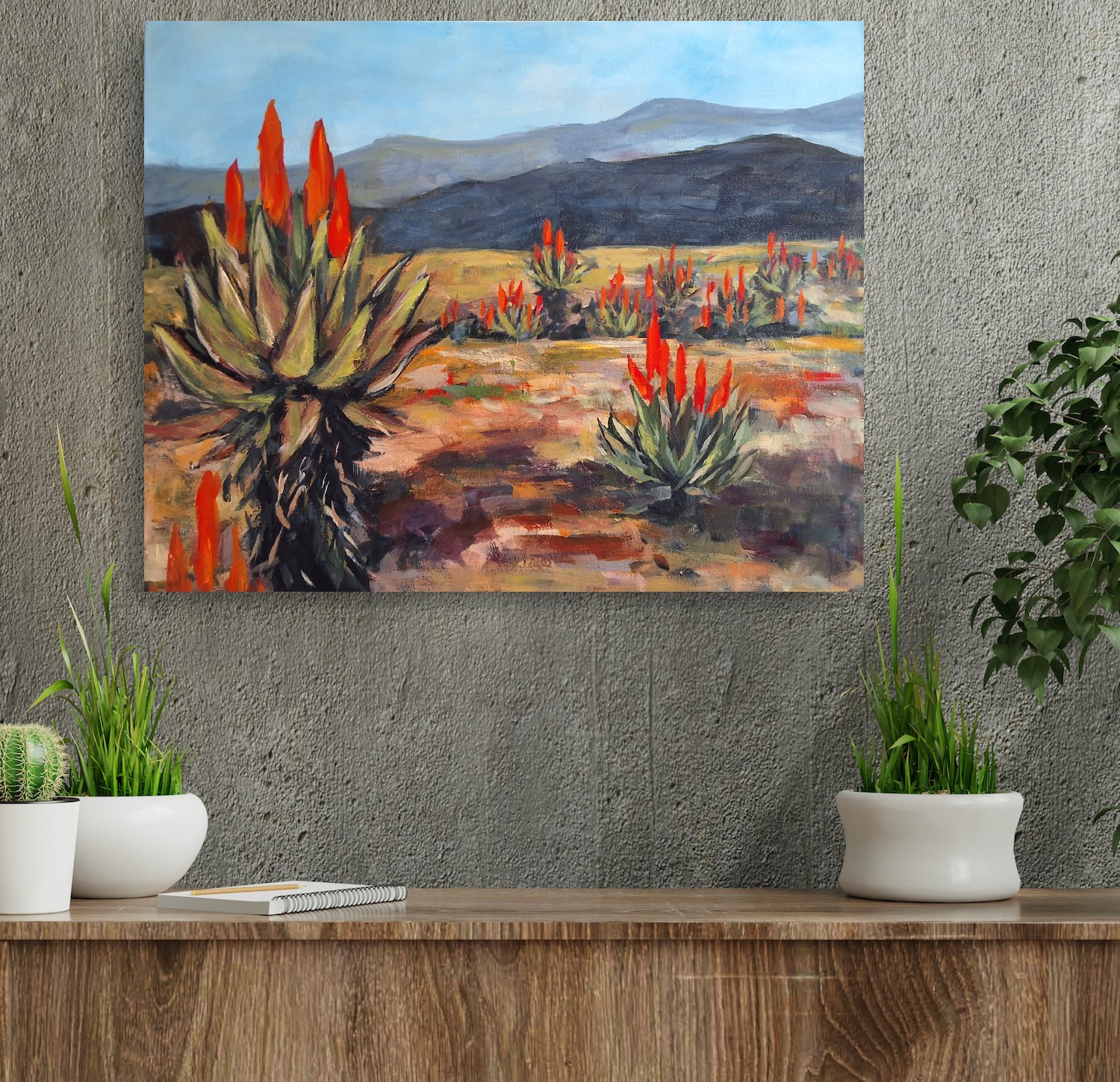 Original aloe landscape painting with fiery Aloe ferox blooms by South African artist Juanita Hackart
