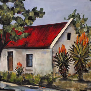 Original rural landscape painting of a Cape cottage with aloes by South African artist Juanita Hackart