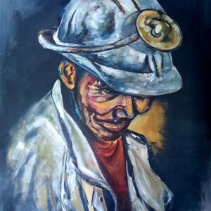 Acrylic portrait painting of a coal miner wearing a hard hat and lamp by Juanita Hackart