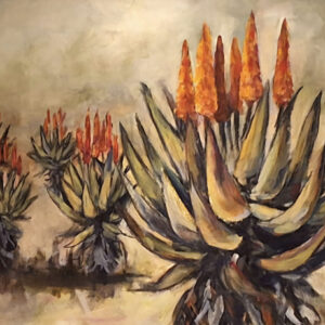 Karoo Gold – Original acrylic painting of blooming aloes by Juanita Hackart.
